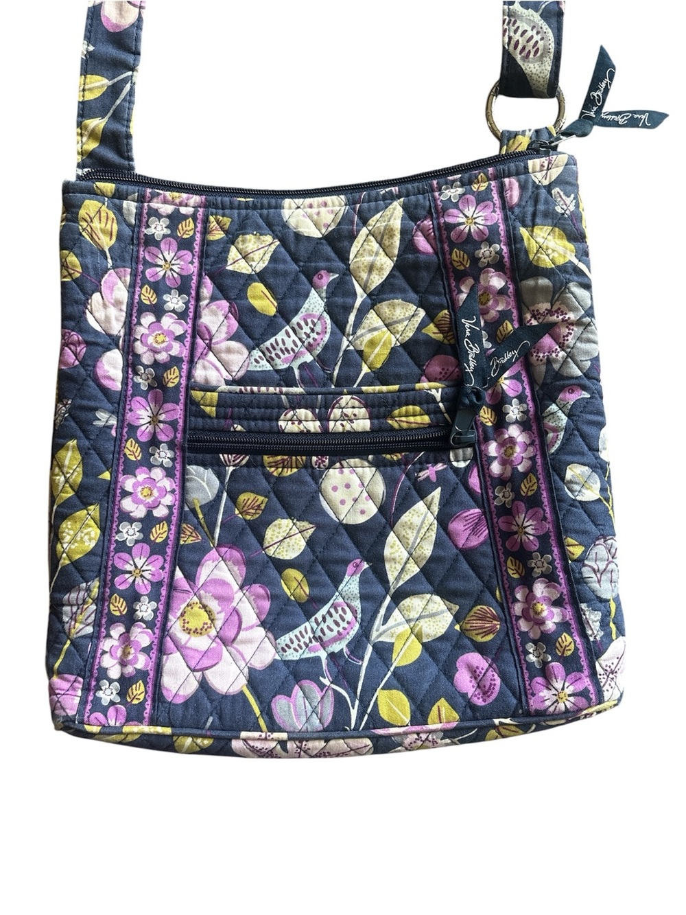 Vera Bradley Navy Quilted Floral and Bird Crossbody with Pink & Yellow Accents